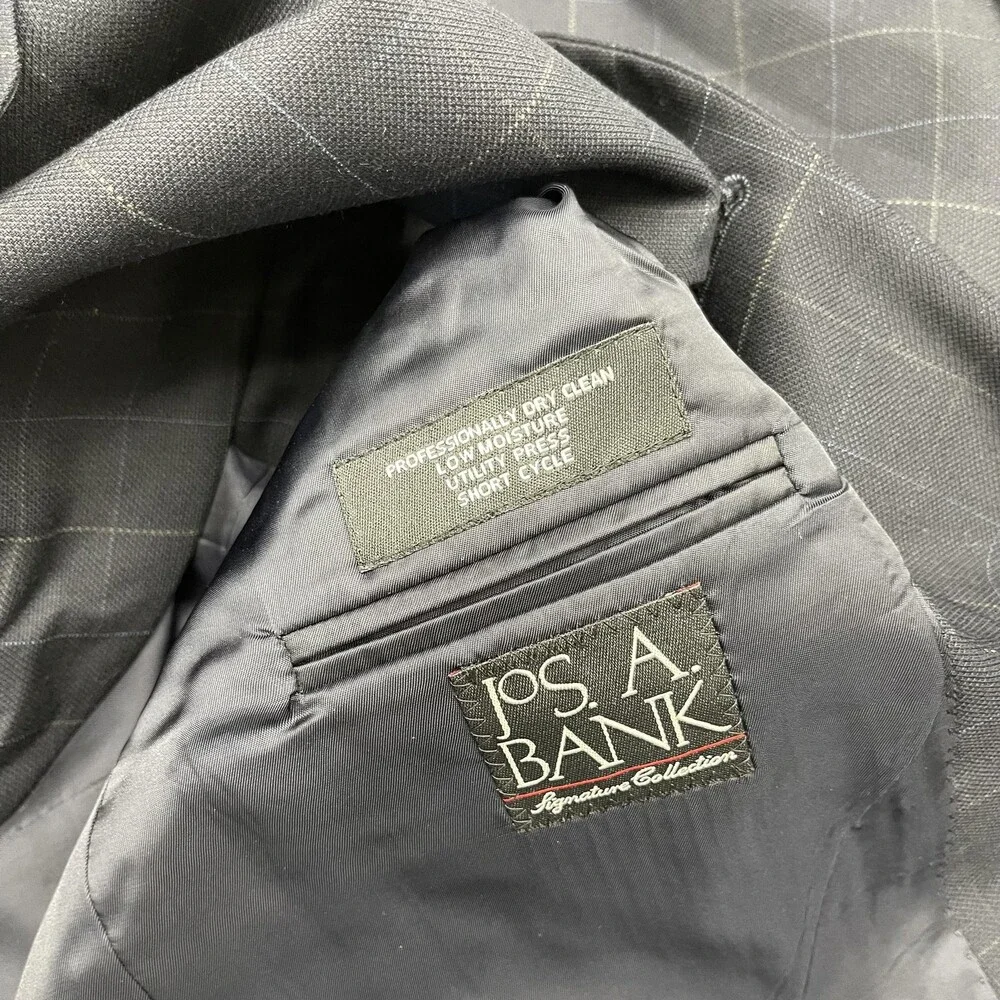 Jos A Bank Signature Collection Blazer Mens 46L Navy Windowpane Wool Jacket - Picture 4 of 9